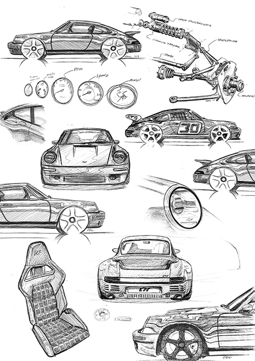 RUF CTR2017のスケッチ。930の面影をうまく落とし込んでいる。足回りのスケッチにも注目