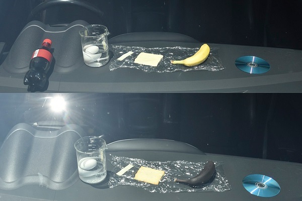 上が実験開始時で下が2時間後。バナナは真っ黒に焦げるほどダッシュボードは暑くなっており、非常に危険だ