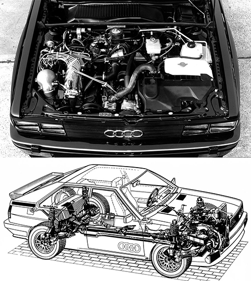 (上)直列5気筒SOHC2.1L IC付きターボエンジンの最高出力は160ps、最大トルク23.5kgm。欧州仕様の200ps、29.1kgmに比べると排ガス規制のためかなり落ちる(下)5気筒エンジンは縦置きにフロントオーバーハングに搭載されていることがよくわかる