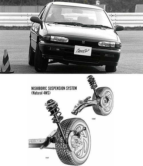 1990年に登場した3代目ジェミニのリアサスが『ニシボリックサスペンション』。ラテラルロッドの前ブッシュを硬く、後ブッシュを柔らかくするとともに後リンクの車体取り付けを高くすることでロール初期に逆位相、ロール後に同位相に後輪がステアするようにした。