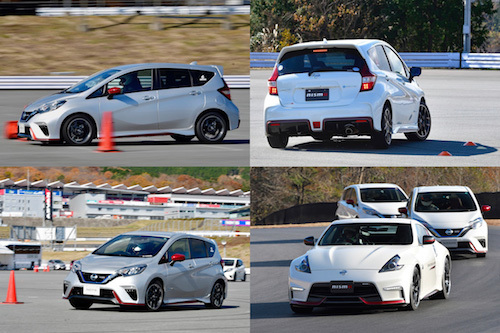 左上から時計回りにフルブレーキ、定常円旋回、Jターン、サーキット先導走行の様子