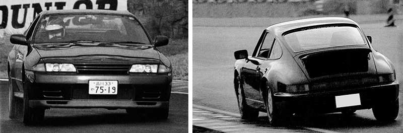 (左)スカイラインGT-R 本誌テスト結果…0〜400m加速:13.14秒/0〜1000m加速:4.51秒/最高速 47.99㎞/h/筑波サーキットラップタイム:1分11秒14(右)ポルシェ911カレラ4 本誌テスト結果 0〜400m加速:14.07秒/0〜1000m加速:5.61秒/最高速:58.37㎞/h/筑波サーキットラップタイム:1分12秒00