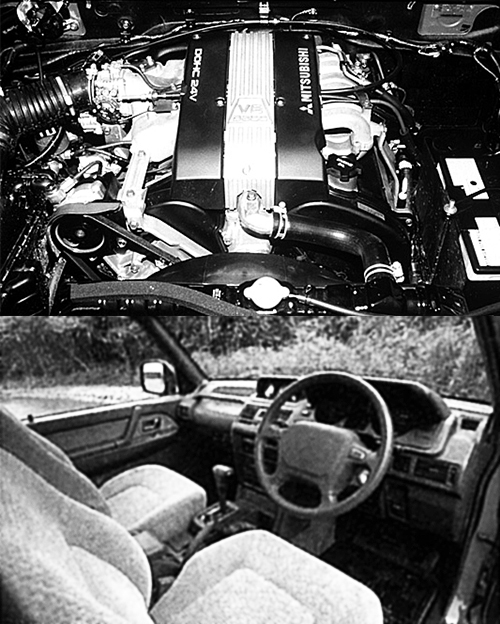 (上)エンジンは6G74と呼ばれるV6DOHC24バルブエンジンで、当時のクロカンに搭載される最強エンジン。後にGDI化され245psに、MIVEC化され280psになる(下)国産のクロカンモデルに初採用だったエアバッグが新鮮。ショートのメタルトップZRはセミバケットシートを採用した