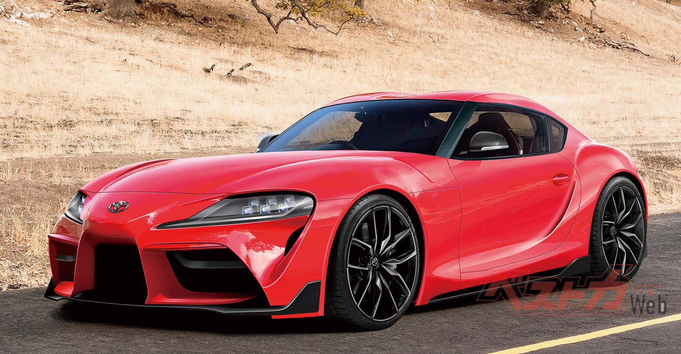 市販型スープラの予想CG(ほぼ最終型のデザイン仕様を使って作製)。エンジンは直6ガソリンターボとチューニングの異なる2種類の直4ターボ、計3タイプが容易される