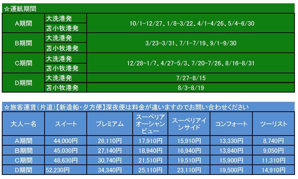 「さんふらわあ」料金表